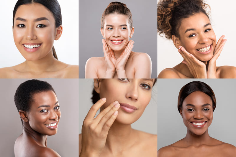 Mosaico com seis retratos de mulheres diversas, todas sorrindo, com a pele saudável e aparência natural, em fundos neutros. Cada mulher demonstra expressões de cuidado com a pele ou felicidade.